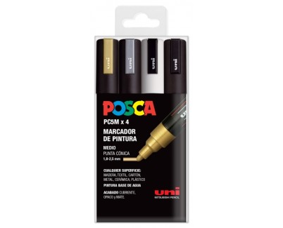Posca PC-5M Pack de 4 Marcadores de Pintura - Punta de Bala 1.8-2.5mm - Tinta Base al Agua - No Permanente - Resistente a la Luz - Colores Oro, Plata, Blanco y Negro
