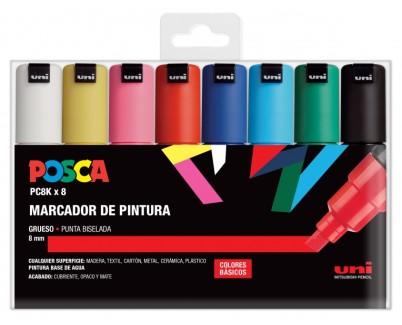 Posca PC-8K/8C Estuche de 8 Marcadores de Pintura - Punta Biselada Acrilica 8mm - Tinta Base al Agua - Resistente a la Luz - Color Surtido