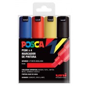 Posca PC-8K Estuche de 4 Marcadores de Pintura - Punta Biselada Acrilica 8mm - Tinta Base al Agua - No Permanente - Resistente a la Luz - Inodoro - Ideal para Carteleria y Decoracion - Color Surtido