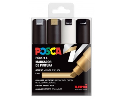 Posca PC-8K Estuche de 4 Marcadores de Pintura - Punta Biselada Acrilica 8mm - Tinta Base al Agua - Resistente a la Luz - Color Surtido