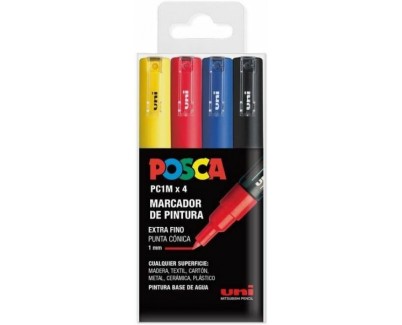 Posca PC1M Pack de 4 Marcadores de Pintura - Punta Conica 0.7mm - Tinta Base al Agua - No Permanente - Resistente a la Luz - Colores Amarillo, Rojo, Azul y Negro