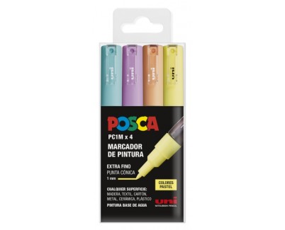 Posca PC1M Pack de 4 Marcadores de Pintura - Punta Conica 0.7mm - Tinta Base al Agua - No Permanente - Resistente a la Luz - Colores Surtidos Pastel