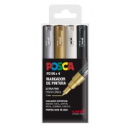 Posca PC1M Pack de 4 Marcadores de Pintura - Punta Conica de 0.7mm - Tinta Base al Agua - No Permanente - Resistente a la Luz - Inodoro - Ideal para Carteleria y Decoracion - Colores Plata, Oro, Blanco y Negro