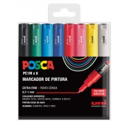 Posca PC1M Pack de 8 Marcadores de Pintura - Punta Conica 0.7mm - Tinta Base al Agua - No Permanente - Resistente a la Luz - Inodoro - Ideal para Carteleria y Decoracion - Colores Surtidos
