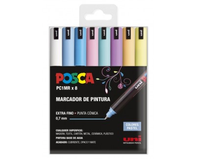 Posca PC1MR Pack de 8 Marcadores de Pintura - Punta Roller de Fibra 0.7mm - Tinta Pigmentada Base al Agua - Resistente a la Luz - Colores Surtidos Pastel