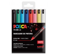 Posca PC1MR Pack de 8 Marcadores de Pintura - Punta Roller de Fibra 0.7mm - Tinta Pigmentada Base al Agua - Resistente a la Luz - Colores Surtidos
