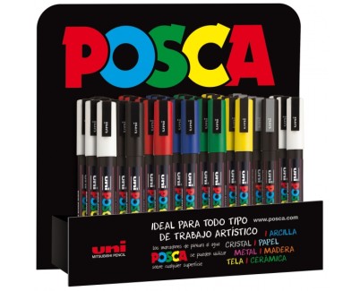 Posca PC3M Expositor de 36 Marcadores de Pintura - Punta Conica de Poliester 0.9-1.3mm - Tinta Base al Agua - Resistente a la Luz - No Permanente - Colores Surtidos