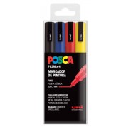 Posca PC3M Pack de 4 Marcadores de Pintura - Punta Conica 0.9-1.3mm - Tinta Base al Agua - Resistente a la Luz - No Permanente - Ideal para Carteleria y Decoracion - Colores Negro, Azul, Rojo y Amarillo