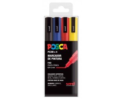 Posca PC3M Pack de 4 Marcadores de Pintura - Punta Conica 0.9-1.3mm - Tinta Base al Agua - Resistente a la Luz - No Permanente - Ideal para Carteleria y Decoracion - Colores Negro, Azul, Rojo y Amarillo