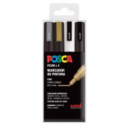 Posca PC3M Pack de 4 Marcadores de Pintura - Punta Conica 0.9-1.3mm - Tinta Base al Agua - Resistente a la Luz - No Permanente - Ideal para Carteleria y Decoracion - Colores Plata, Oro, Blanco y Negro