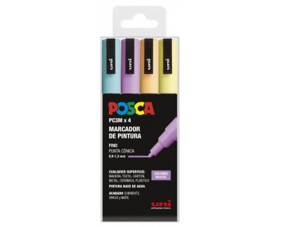 Posca PC3M Pack de 4 Marcadores de Pintura - Punta Conica 0.9-1.3mm - Tinta Base al Agua - Resistente a la Luz - No Permanente - Ideal para Carteleria y Decoracion - Colores Surtidos Pastel