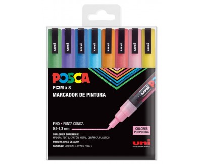 Posca PC3M Pack de 8 Marcadores de Pintura - Punta Conica 0.9-1.3mm - Tinta Base al Agua - Resistente a la Luz - Ideal para Carteleria y Decoracion - Colores Purpurina Surtidos
