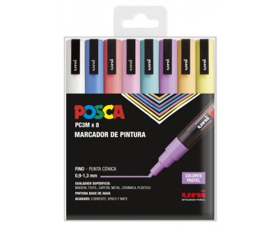 Posca PC3M Pack de 8 Marcadores de Pintura - Punta Conica 0.9-1.3mm - Tinta Base al Agua - Resistente a la Luz  - Ideal para Carteleria y Decoracion - Colores Surtidos Pastel
