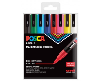 Posca PC3M Pack de 8 Marcadores de Pintura - Punta Conica 0.9-1.3mm - Tinta Base al Agua - Resistente a la Luz - No Permanente - Ideal para Carteleria y Decoracion - Colores Surtidos