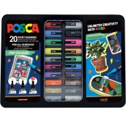 Posca Pop Colours Maleta Metalica con 20 Marcadores de Pintura - Surtido en Color y Trazo - Punta de Poliester - Tinta Pigmentada Base Agua - Resistente a la Luz - Colores Surtidos
