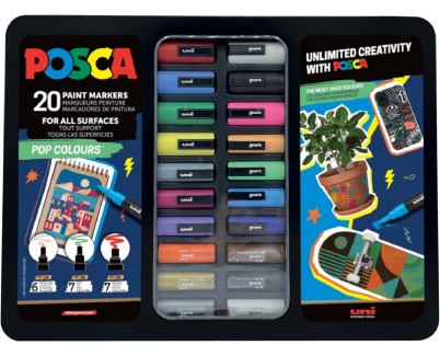 Posca Pop Colours Maleta Metalica con 20 Marcadores de Pintura - Surtido en Color y Trazo - Punta de Poliester - Tinta Pigmentada Base Agua - Resistente a la Luz - Colores Surtidos