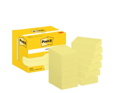 Post-It Pack de 12 Blocs de 100 Notas Adhesivas Reposicionables 38x51mm - Forma Rectangular - Caja Dispesandora - Color Amarillo Claro