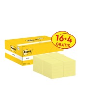 Post-It Pack de 20 Blocs de 100 Notas Adhesivas Reposicionables 38x51mm - Forma Rectangular - Color Amarillo Claro