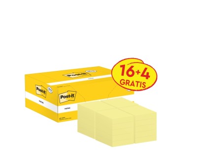 Post-It Pack de 20 Blocs de 100 Notas Adhesivas Reposicionables 38x51mm - Forma Rectangular - Color Amarillo Claro