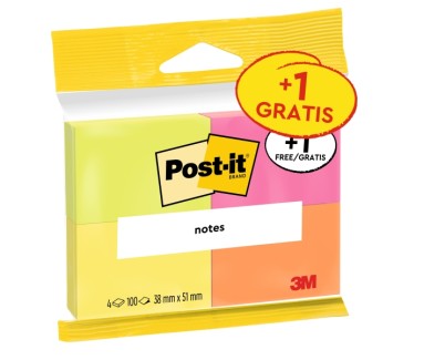 Post-It Pack de 4 Blocs de 100 Notas Adhesivas Reposicionables - Colores Neon - 38x51mm - Promocion 3 Blocs + 1 Gratis - Colores Surtidos