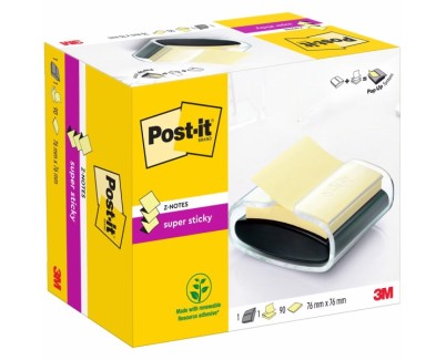 Post-It Super Sticky Dispensador con Bloc de 90 Z-Notas Adhesivas - Dispensador Pro - Forma Cuadrada - 76x76mm - Color Negro