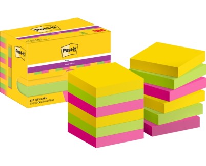 Post-It Super Sticky Pack de 12 Blocs de 90 Notas Adhesivas Reposicionables  47.6x47.6mm - Forma Cuadrada - Caja Dispensadora - Colores Surtidos
