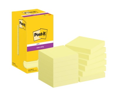 Post-It Super Sticky Pack de 12 Blocs de 90 Notas Adhesivas Reposicionables - 76x76mm - Paquete de Carton - Color Amarillo Claro