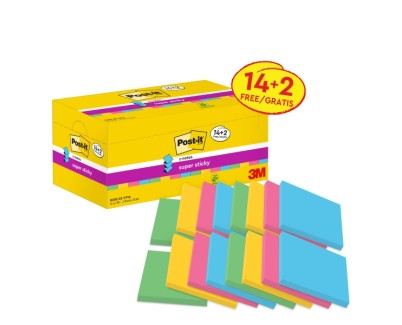 Post-It Super Sticky Pack de 16 Blocs de 90 Notas Adhesivas Reposicionables - Forma Cuadrada - 76x76mm - en Zig-Zag - Colores Surtidos