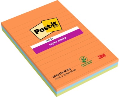 Post-It Super Sticky Pack de 3 Blocs de 45 Notas Adhesivas Reposicionables - Forma Rectangular - 101x152mm - Colores Surtidos