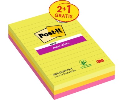Post-It Super Sticky Pack de 3 Blocs de 75 Notas Adhesivas Reposicionables - Forma Rectangular - 101x152mm - Colores Surtidos