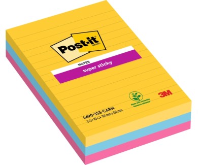 Post-It Super Sticky Pack de 3 Blocs de 90 Notas Adhesivas Reposicionables - Forma Rectangular - 101x152mm - Colores Surtidos