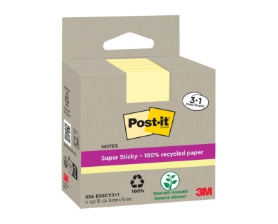 Post-It Super Sticky Pack de 4 Blocs de 70 Notas Adhesivas Recicladas - Forma Cuadrada - 76x76mm - Color Amarillo Claro