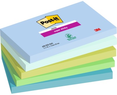 Post-It Super Sticky Pack de 5 Blocs de 90 Notas Adhesivas Reposicionables - Forma Rectangular - 127x76mm - Colores Surtidos