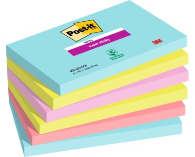 Post-It Super Sticky Pack de 6 Blocs de 90 Notas Adhesivas Reposicionables - Forma Rectangular - Colores Surtidos