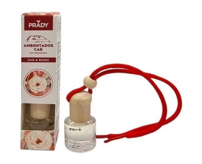 Prady Ambientador Coche OUD & Rose - Frasco de Cristal 6 ml y Cuerda para Espejo Retrovisor