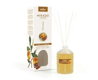 Prady Ambientador Mikado Canela y Naranja - Frasco de Cristal 100ml y Varitas Difusoras