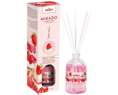 Prady Ambientador Mikado Fresas y Nata - Frasco de Cristal 100 ml y Varitas Difusoras