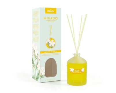 Prady Ambientador Mikado Jazmin Blanco - Frasco de Cristal 100 ml y Varitas Difusoras