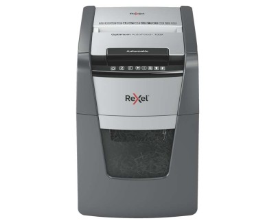 Rexel Optimum AutoFeed 100X Destructora Automatica de Corte en Particulas P-4 - Alimentacion Automatica 100 Hojas y Manual 8 Hojas - Capacidad de la Papelera 34L - Color Gris/Plata