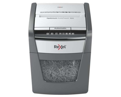 Rexel Optimum AutoFeed 50X Destructora Automatica de Corte en Particulas P-4 - Alimentacion Automatica 50 hojas y Ranura Manual 6 Hojas - Anti Atasco - Capacidad de la Papelera 20L - Color Gris/Plata