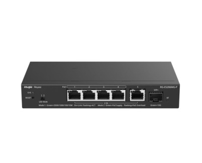 Ruijie RG-ES206MG-P Switch - 5 Puertos Ethernet hasta 2.5Gbps - 1x SFP+ hasta 10Gbps - PoE/PoE+ hasta 70W - Gestionado en la Nube - Color Negro