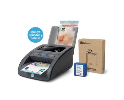 Safescan 155-S Pack de Detector Automatico de Billetes Falsos - Bateria y Apilador Incluidos - Verifica, Cuenta y Apila
