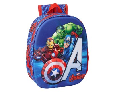 Safta Avengers Mochila 3D de 8.64L - Portabotellas - Tarjeta de Identificacion Personal - Hombreras Acolchadas - 27x33x10cm - Color Rojo y Azul