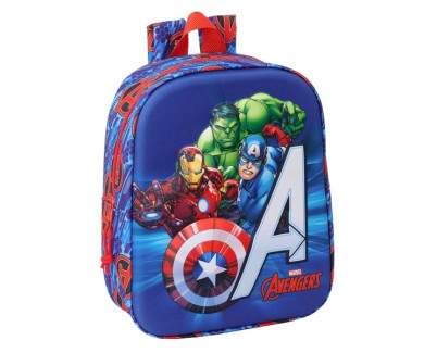 Safta Avengers Mochila Guarderia 3D de 6L - Asa de Mano Superior - Asas Regulables y Acolchadas - Cierre de Cremallera - 22x27x10cm - Color Rojo y Azul