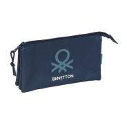 Safta Benetton Basics Antracita Portatodo - 3 Compartimentos con Cremalleras - Bolsillo Interior - 0.6L - 220x30x120mm - Color Azul Marino
