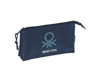 Safta Benetton Basics Antracita Portatodo - 3 Compartimentos con Cremalleras - Bolsillo Interior - 0.6L - 220x30x120mm - Color Azul Marino