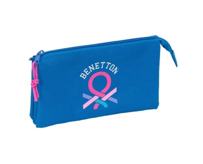 Safta Benetton Basics Azulina Portatodo - 3 Compartimentos con Cremalleras - Bolsillo Interior - 0.6L - 220x30x120mm - Color Azul