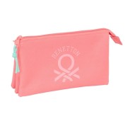 Safta Benetton Basics Portatodo - 3 Compartimentos con Cremalleras - Bolsillo Interior - 0.6L - 220x30x120mm - Color Coral
