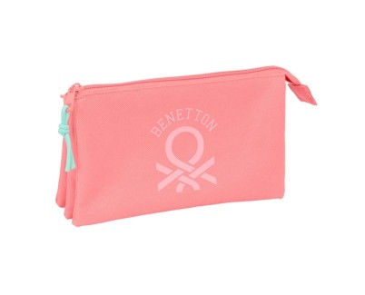 Safta Benetton Basics Portatodo - 3 Compartimentos con Cremalleras - Bolsillo Interior - 0.6L - 220x30x120mm - Color Coral