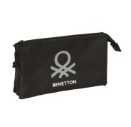 Safta Benetton Basics Portatodo - 3 Compartimentos con Cremalleras - Bolsillo Interior - 0.6L - 220x30x120mm - Color Negro